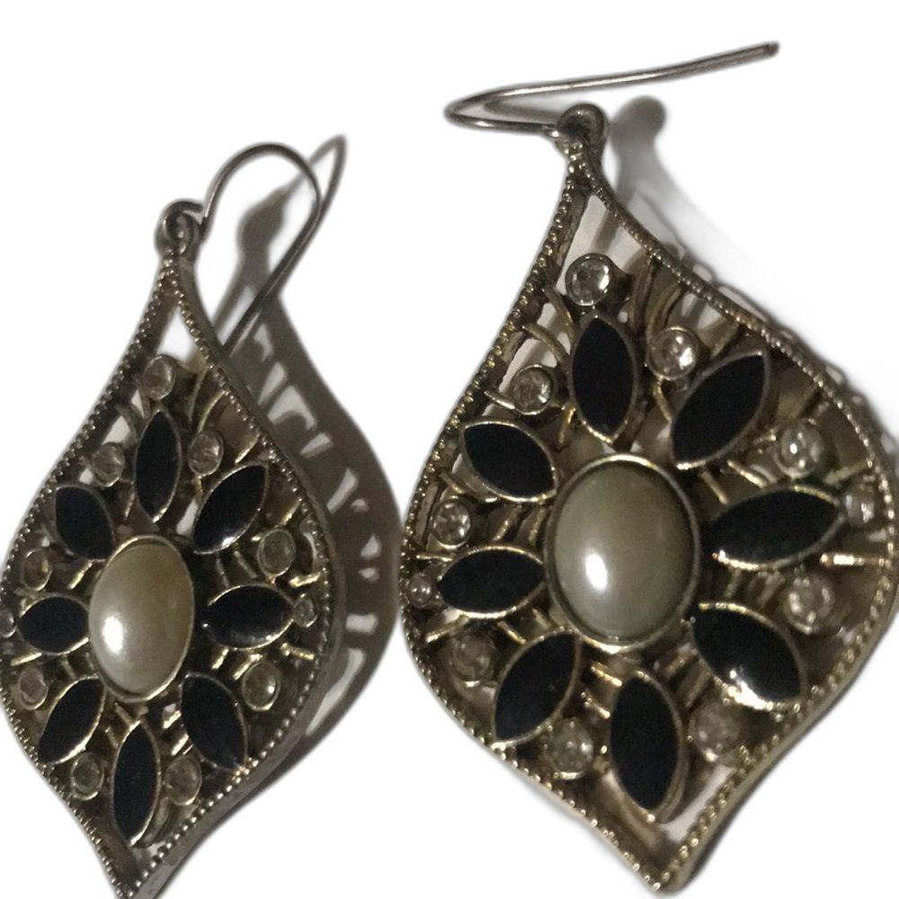 Pearl, Rhinestone, Black Onyx Earrings